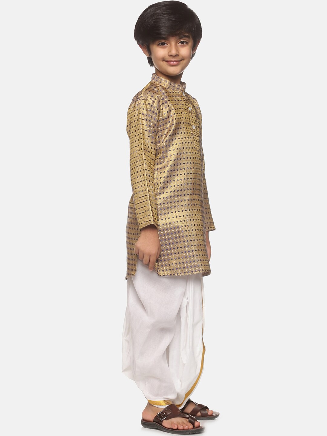 Sethukrishna Boys Gold-Toned Printed Angrakha Kurta with Dhoti Pants | Grocsy