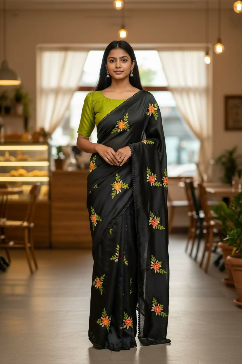 Teeya Creation Black Rangoli Silk Embroidery Work Party Wear Designer Saree | Grocsy