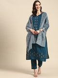 Sangria Women Teal Blue Embroidered Pure Cotton Kurta with Trousers & Dupatta | Grocsy