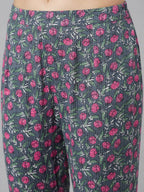 Aks Floral Printed Mandarin Collar Regular Pure Cotton Kurta With Trousers | Grocsy
