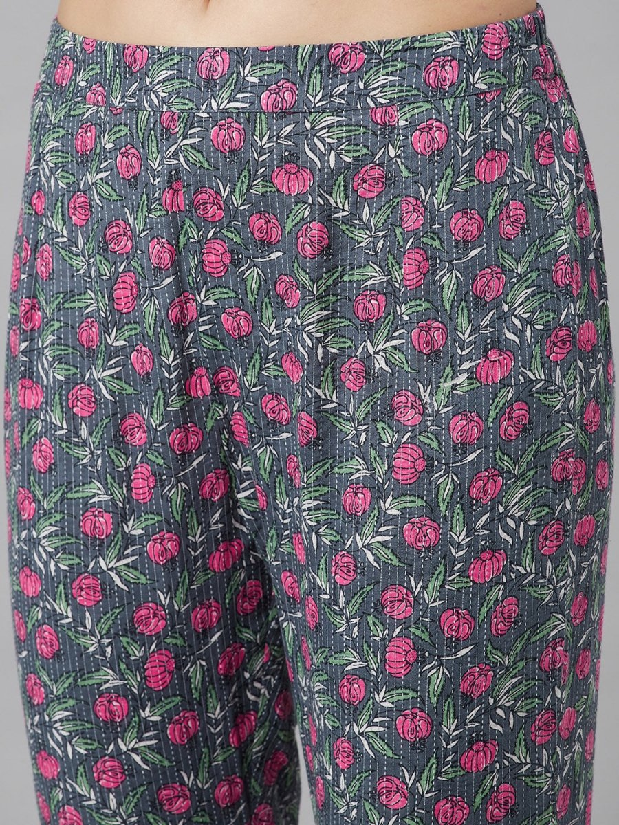 Aks Floral Printed Mandarin Collar Regular Pure Cotton Kurta With Trousers | Grocsy