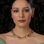Multi Colored Stone in Gold Choker with Earrings (Multi Color) - Ruby Raang | Grocsy