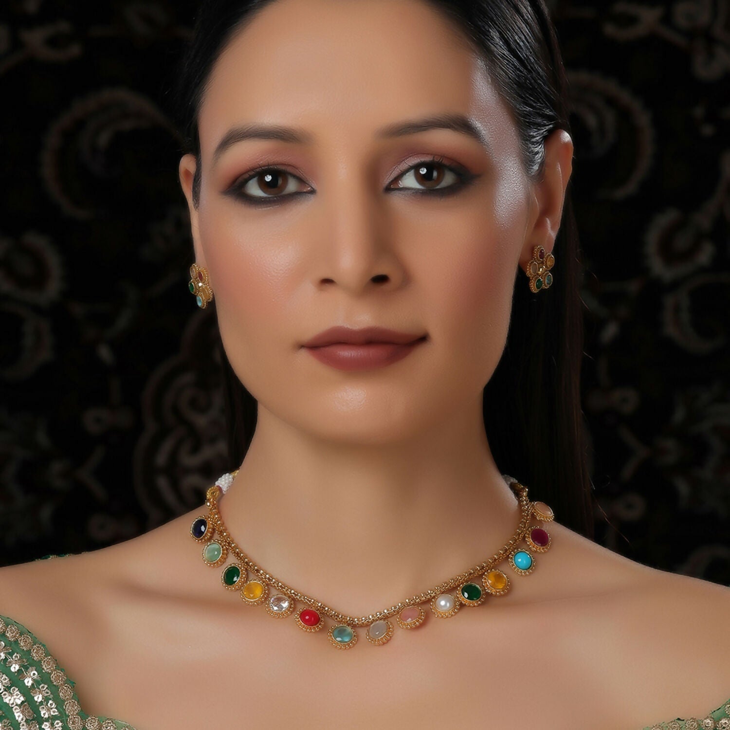 Multi Colored Stone in Gold Choker with Earrings (Multi Color) - Ruby Raang | Grocsy