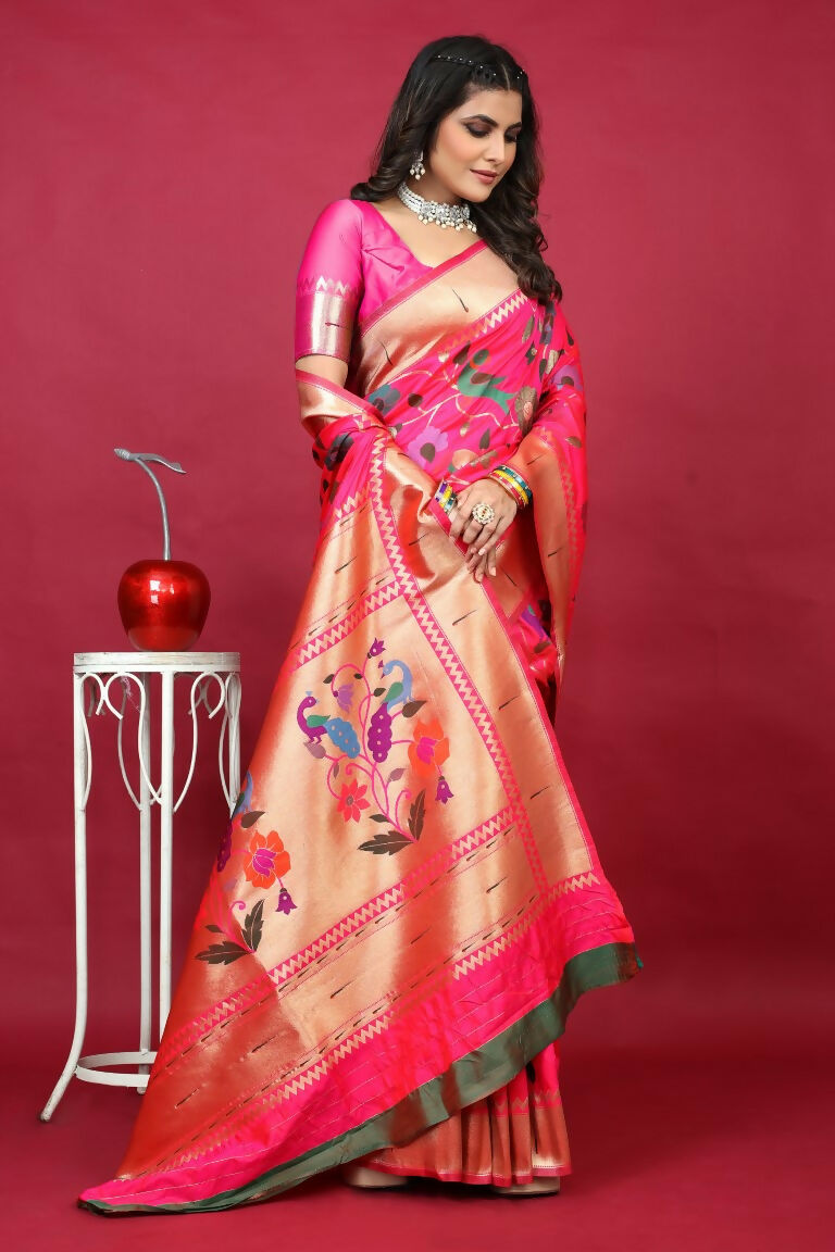 Jyoti Fashion Women's Pink Paithani Silk Zari Woven Saree with Blouse | Grocsy