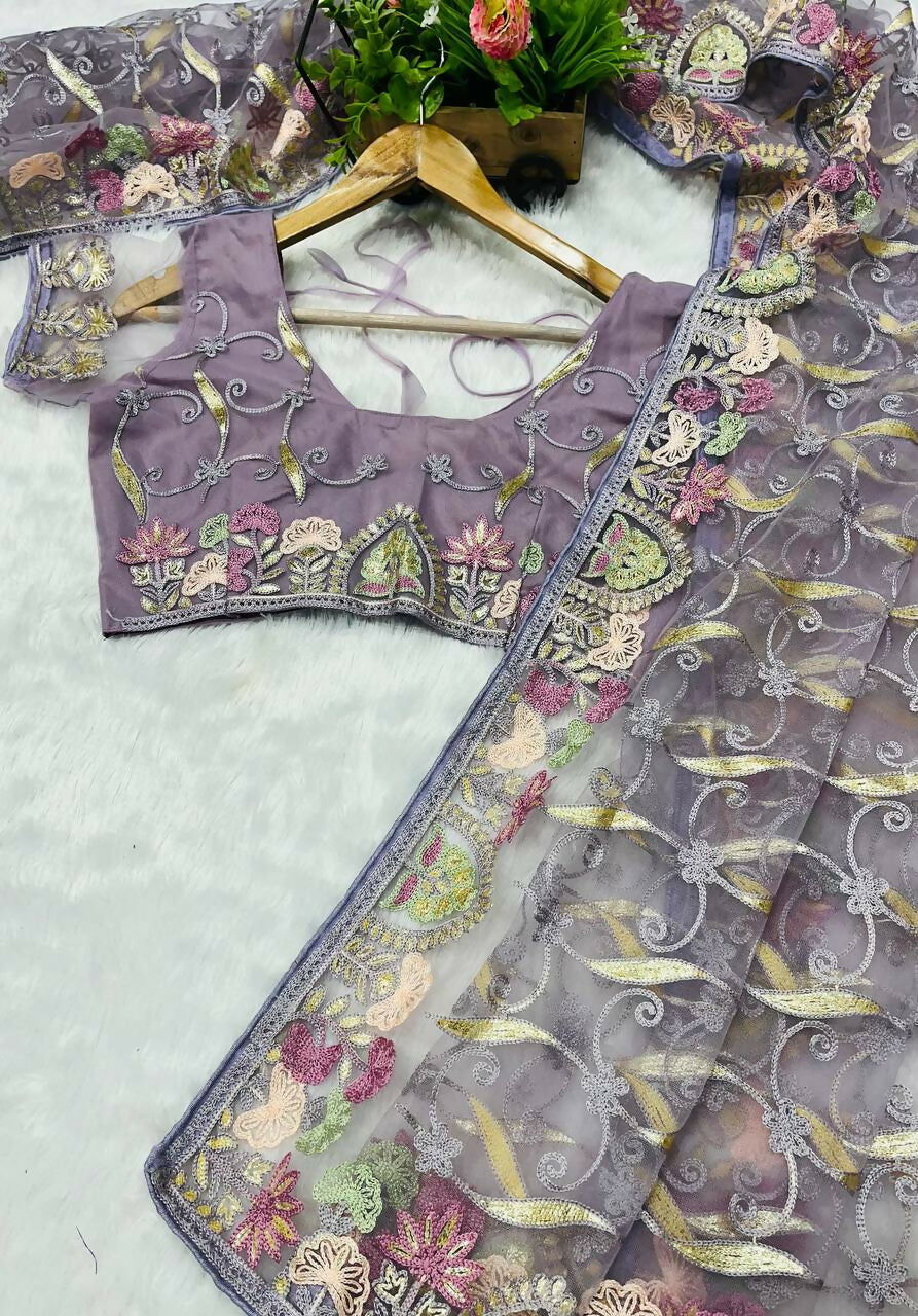 Vastranavya Soft Crush Georgette With Embroidery and Foil Multi Thread Work Saree - Lavender | Grocsy