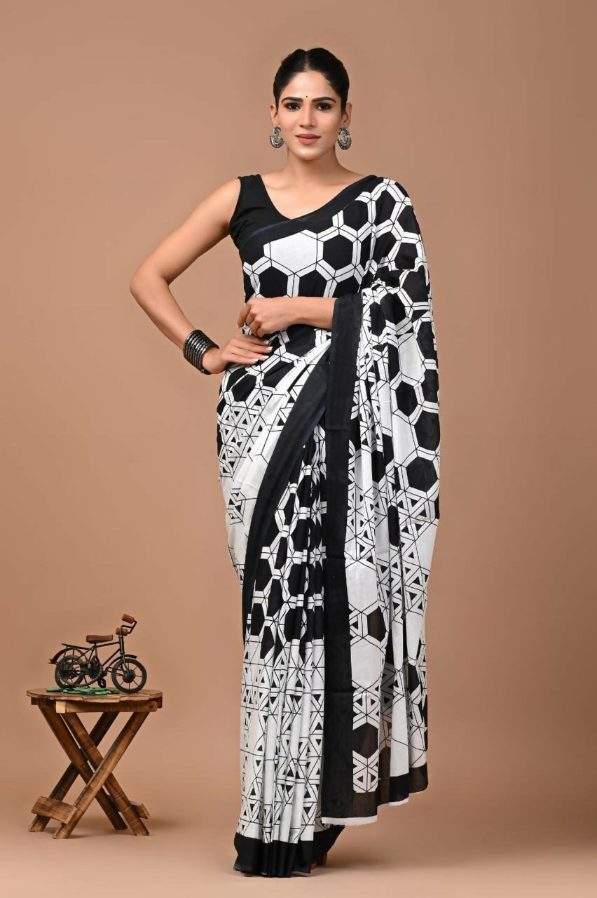 Exclusive Collection White Black Beautiful Mulmul Cotton Saree | Grocsy