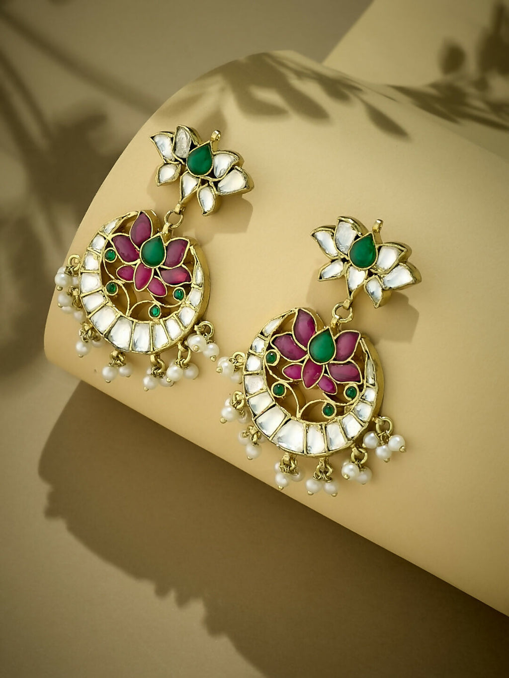 Nuyug 22K Gold-Plated Exquisite Kundan Stone Studded & Pearl Beaded Floral Traditional Chandbalis | Grocsy