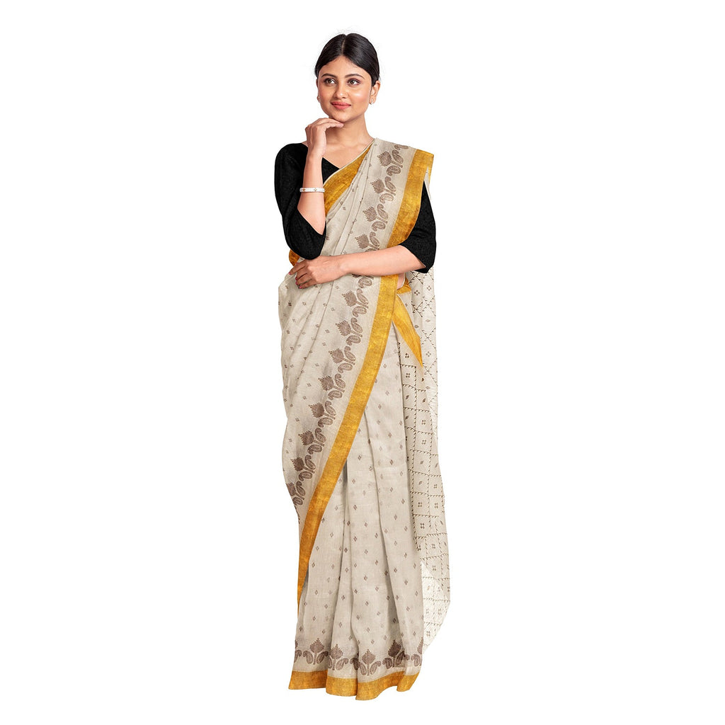 Exclusive Collection 100% Pure Cotton Off White Brown Saree With Printed Work | Grocsy