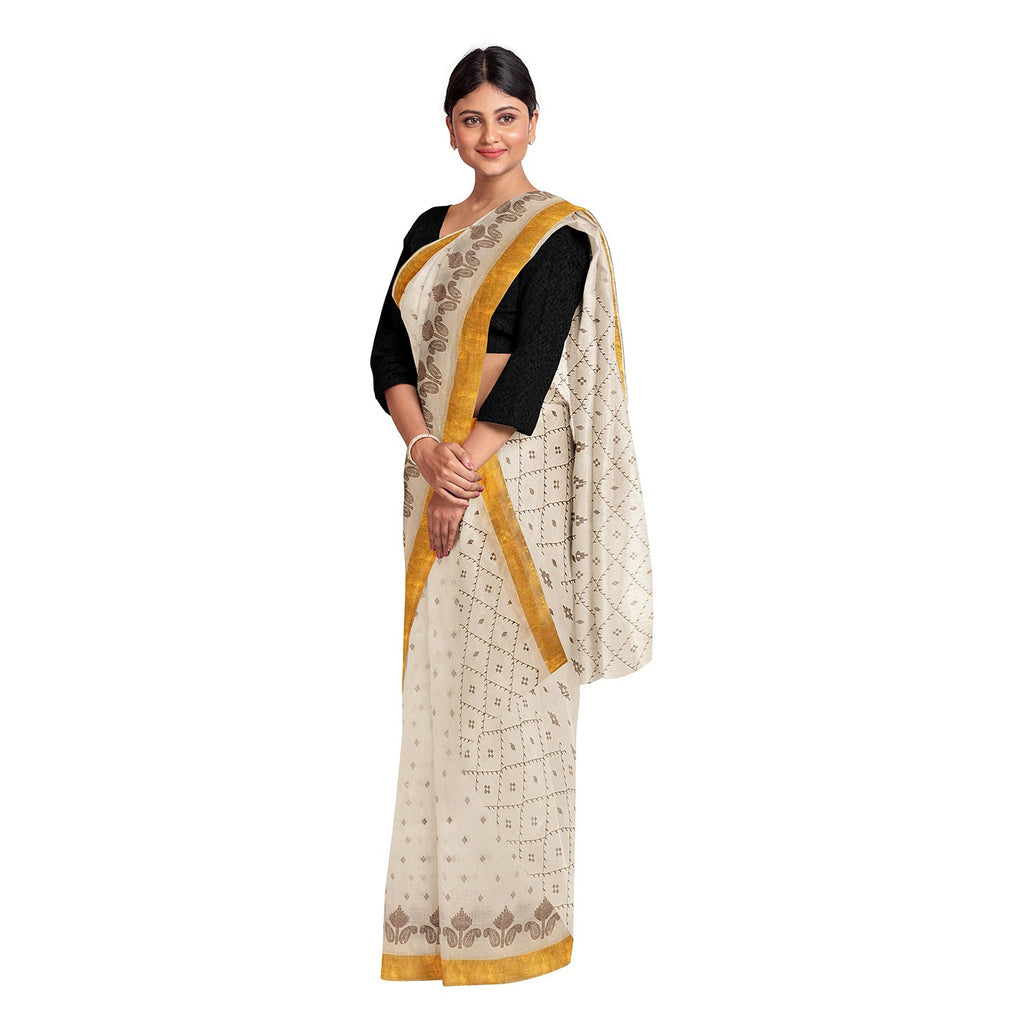Exclusive Collection 100% Pure Cotton Off White Brown Saree With Printed Work | Grocsy