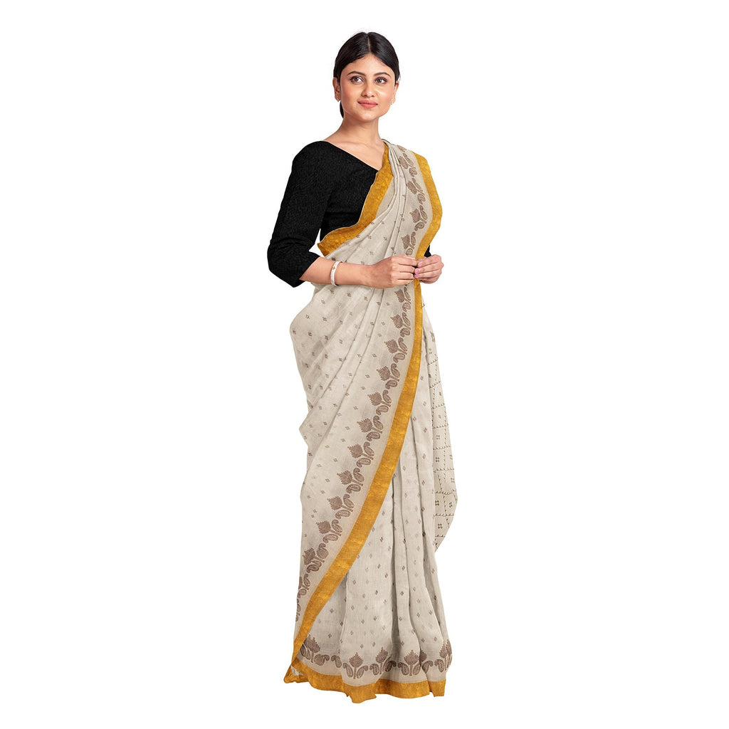 Exclusive Collection 100% Pure Cotton Off White Brown Saree With Printed Work | Grocsy