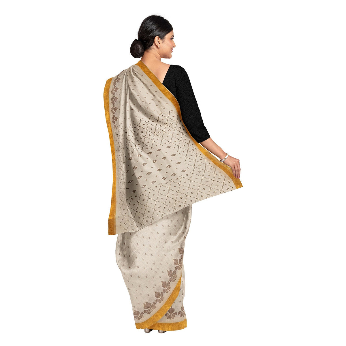 Exclusive Collection 100% Pure Cotton Off White Brown Saree With Printed Work | Grocsy