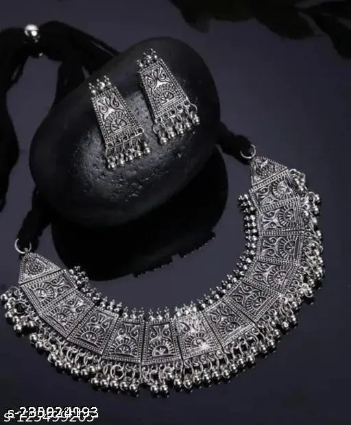 Tehzeeb Creations Women's German Silver Oxidised Necklace And Earrings Set | Grocsy