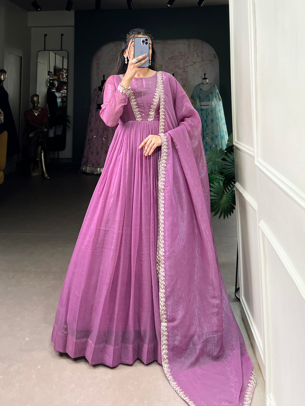 Lorenvalley Lavender Silver Glory Hotfix With Sequins and Thread Embroidery Work Lace Touch Up Gown with Dupatta | Grocsy