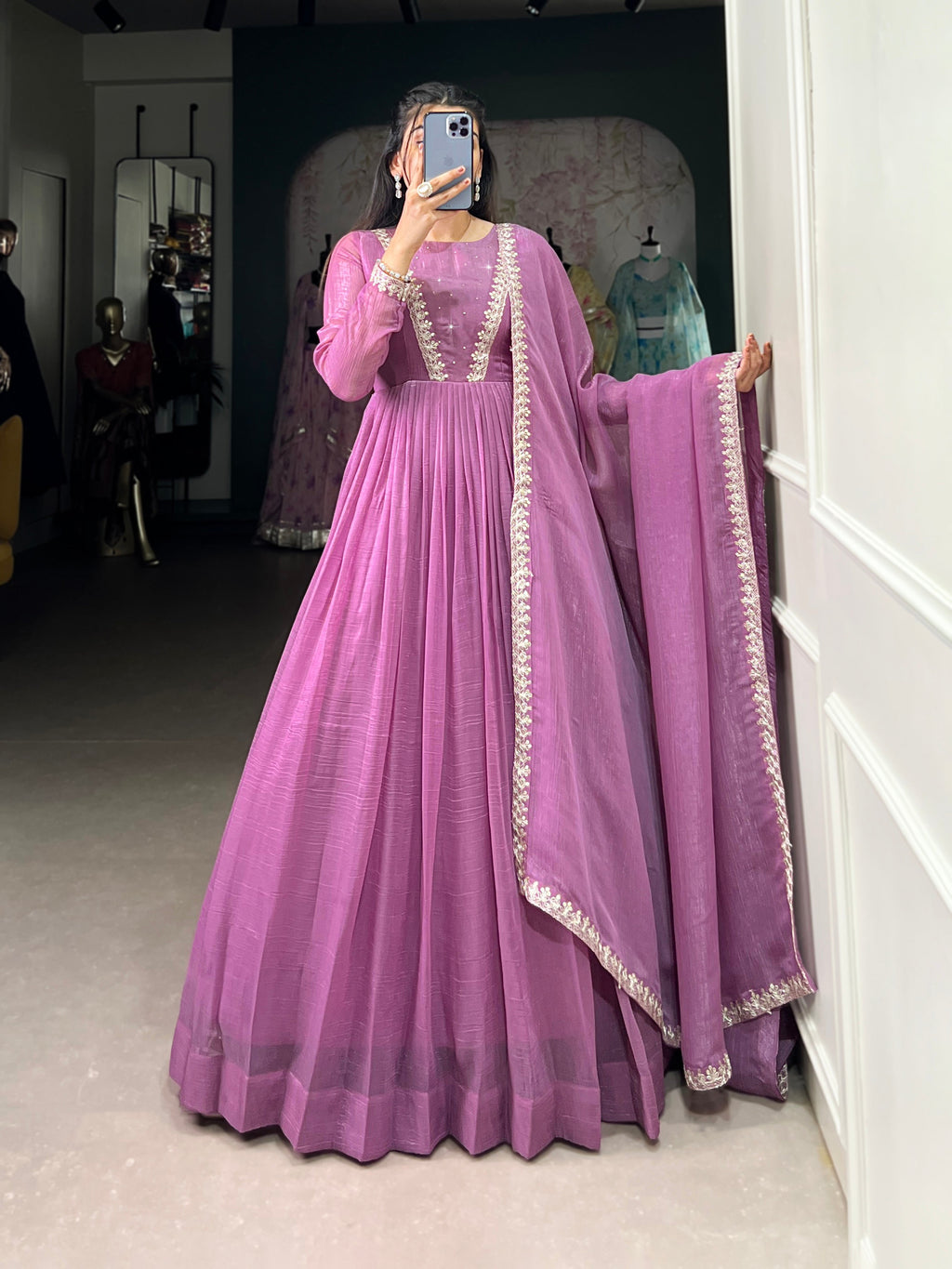 Lorenvalley Lavender Silver Glory Hotfix With Sequins and Thread Embroidery Work Lace Touch Up Gown with Dupatta | Grocsy