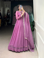 Lorenvalley Lavender Silver Glory Hotfix With Sequins and Thread Embroidery Work Lace Touch Up Gown with Dupatta | Grocsy