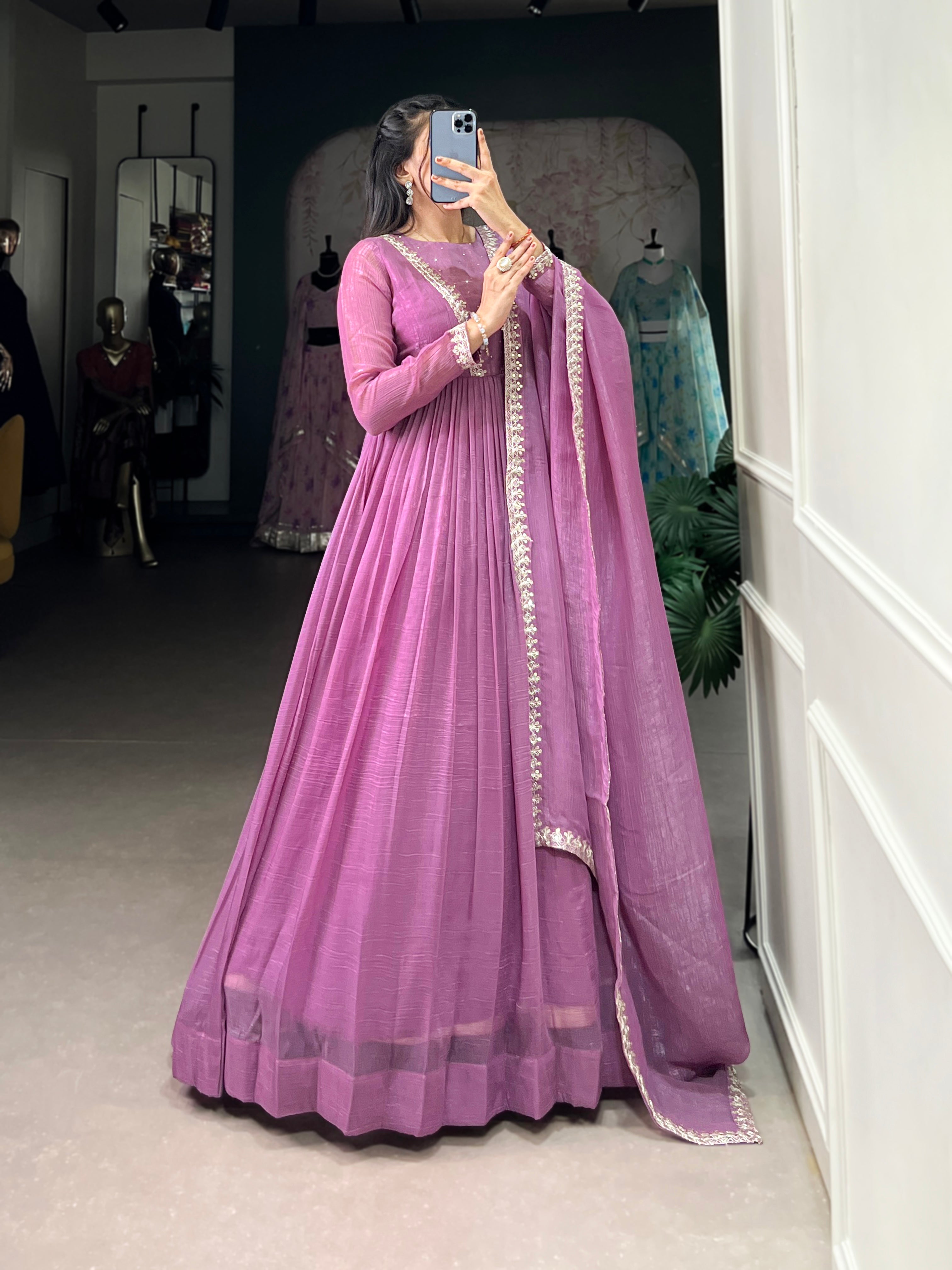 Lorenvalley Lavender Silver Glory Hotfix With Sequins and Thread Embroidery Work Lace Touch Up Gown with Dupatta | Grocsy