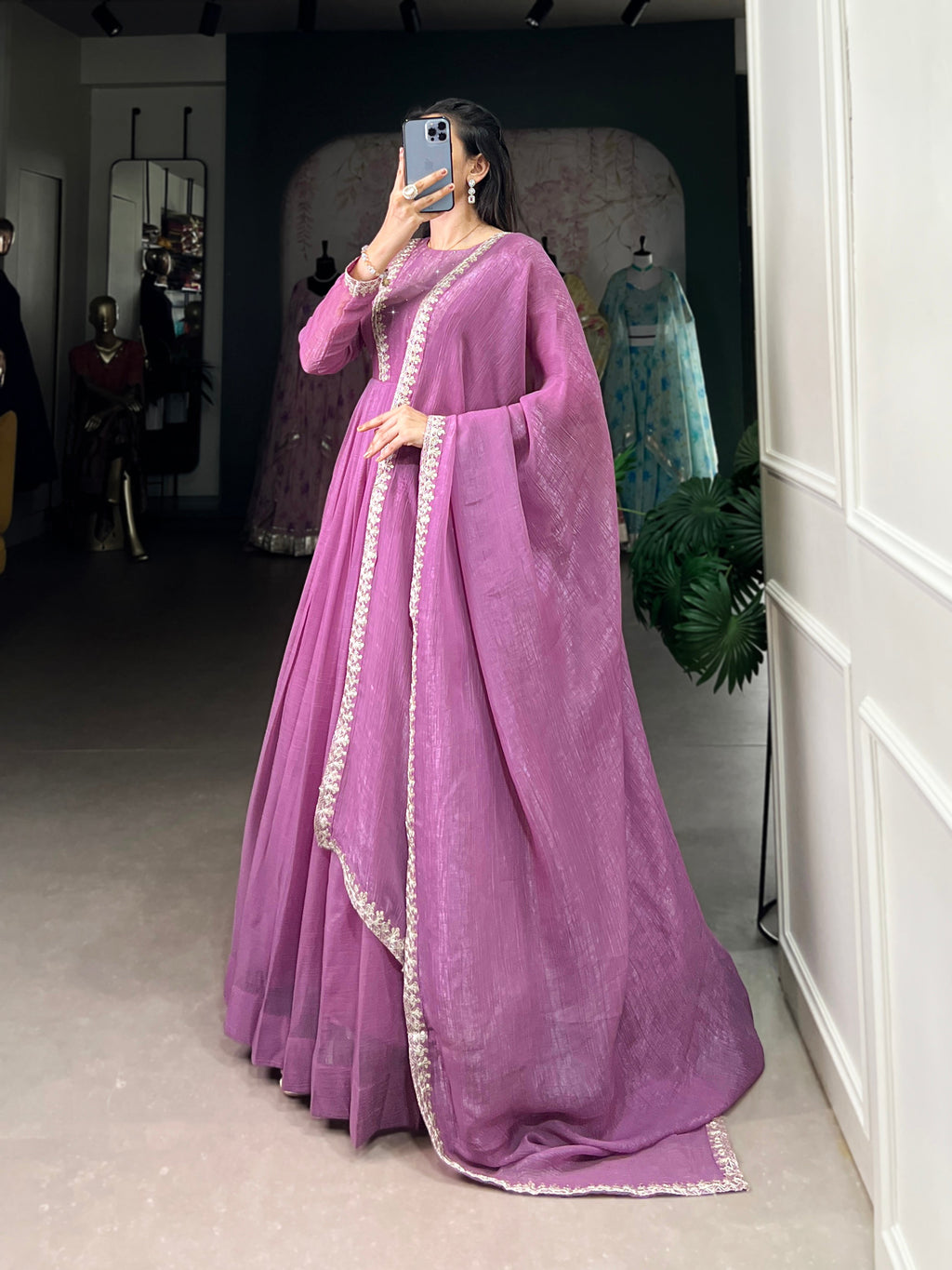 Lorenvalley Lavender Silver Glory Hotfix With Sequins and Thread Embroidery Work Lace Touch Up Gown with Dupatta | Grocsy