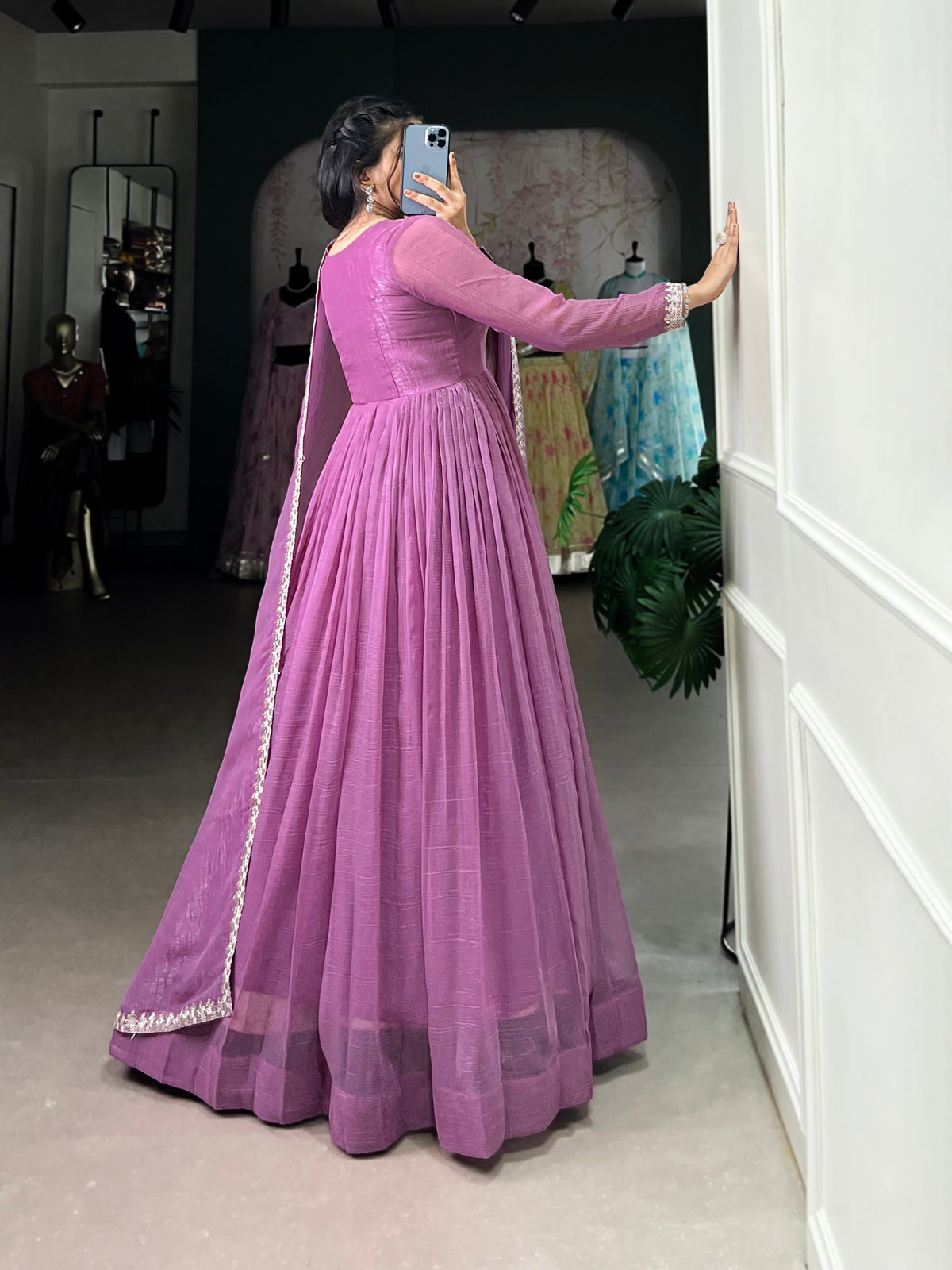Lorenvalley Lavender Silver Glory Hotfix With Sequins and Thread Embroidery Work Lace Touch Up Gown with Dupatta | Grocsy