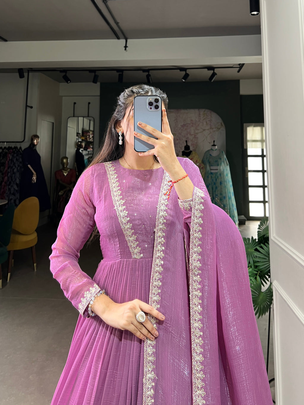 Lorenvalley Lavender Silver Glory Hotfix With Sequins and Thread Embroidery Work Lace Touch Up Gown with Dupatta | Grocsy
