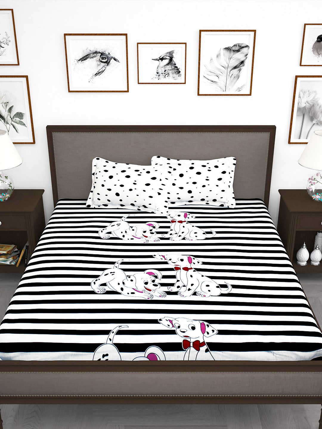 Story@home White & Black Cartoon Characters King Bedsheet with 2 Pillow Covers | Grocsy