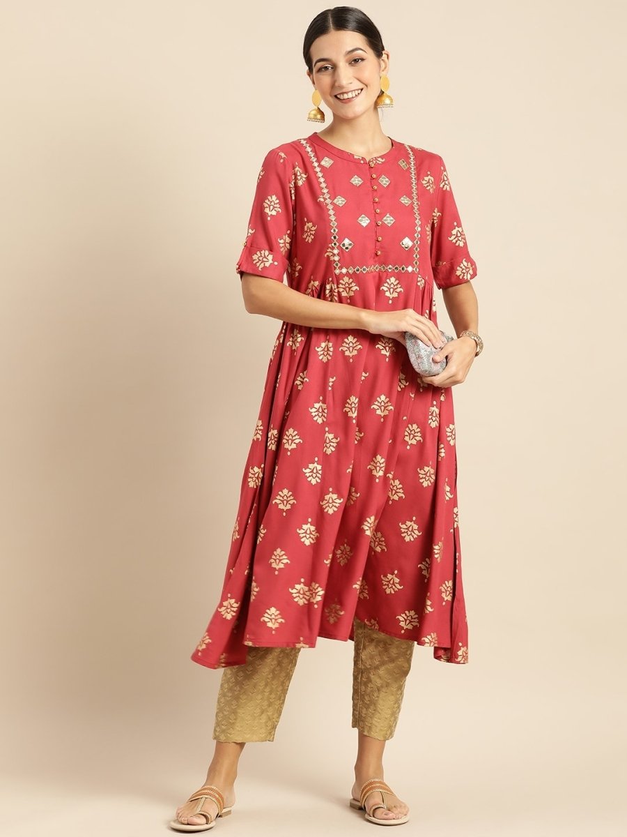 All About You Women Rust & Gold-Toned Ethnic Motifs Printed Mirror Work Kurta | Grocsy