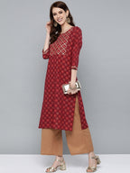 HERE&NOW Women Maroon & Golden Floral Printed Straight Kurta | Grocsy
