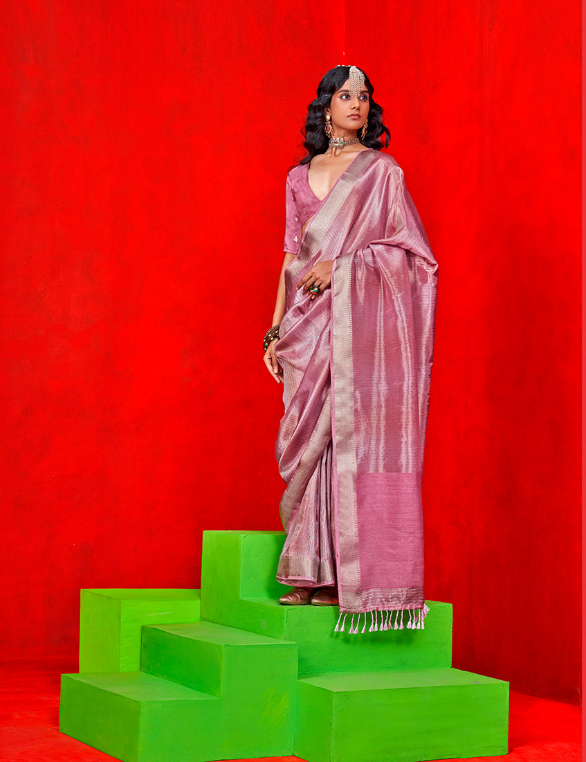Monjolika Fashion Light Pink Weaving Tissue Zari Classic Saree | Grocsy