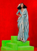 Monjolika Fashion Light Blue Weaving Tissue Zari Classic Saree | Grocsy