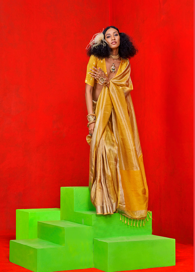 Monjolika Fashion Mustard Weaving Tissue Zari Classic Saree | Grocsy