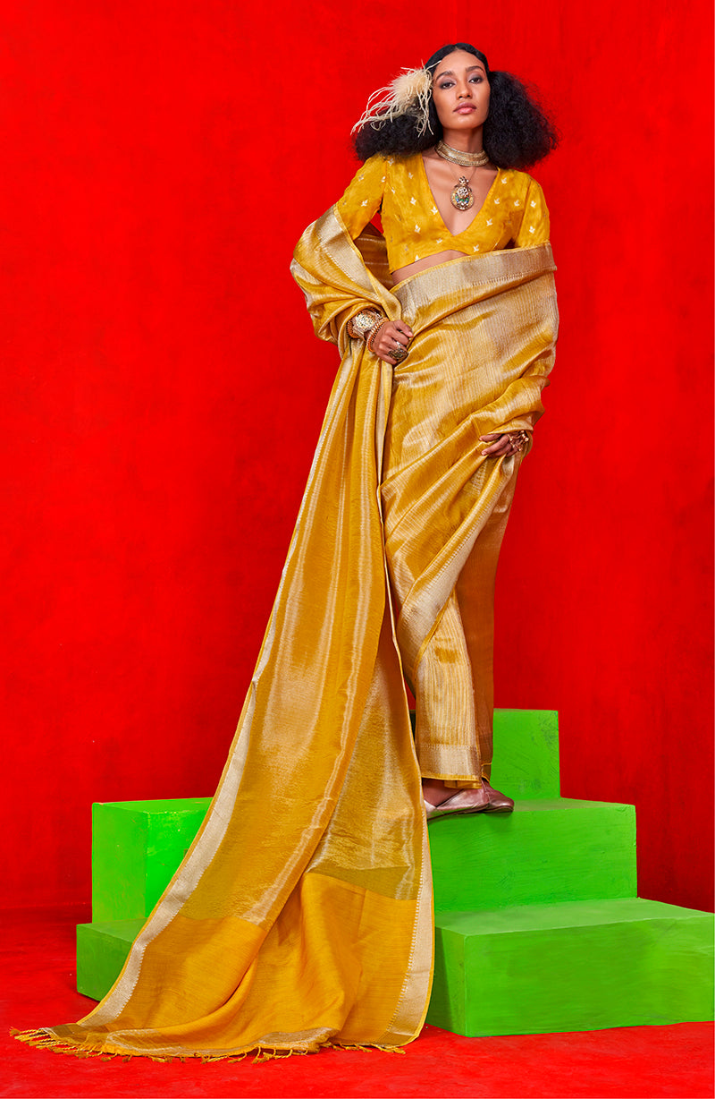 Monjolika Fashion Mustard Weaving Tissue Zari Classic Saree | Grocsy