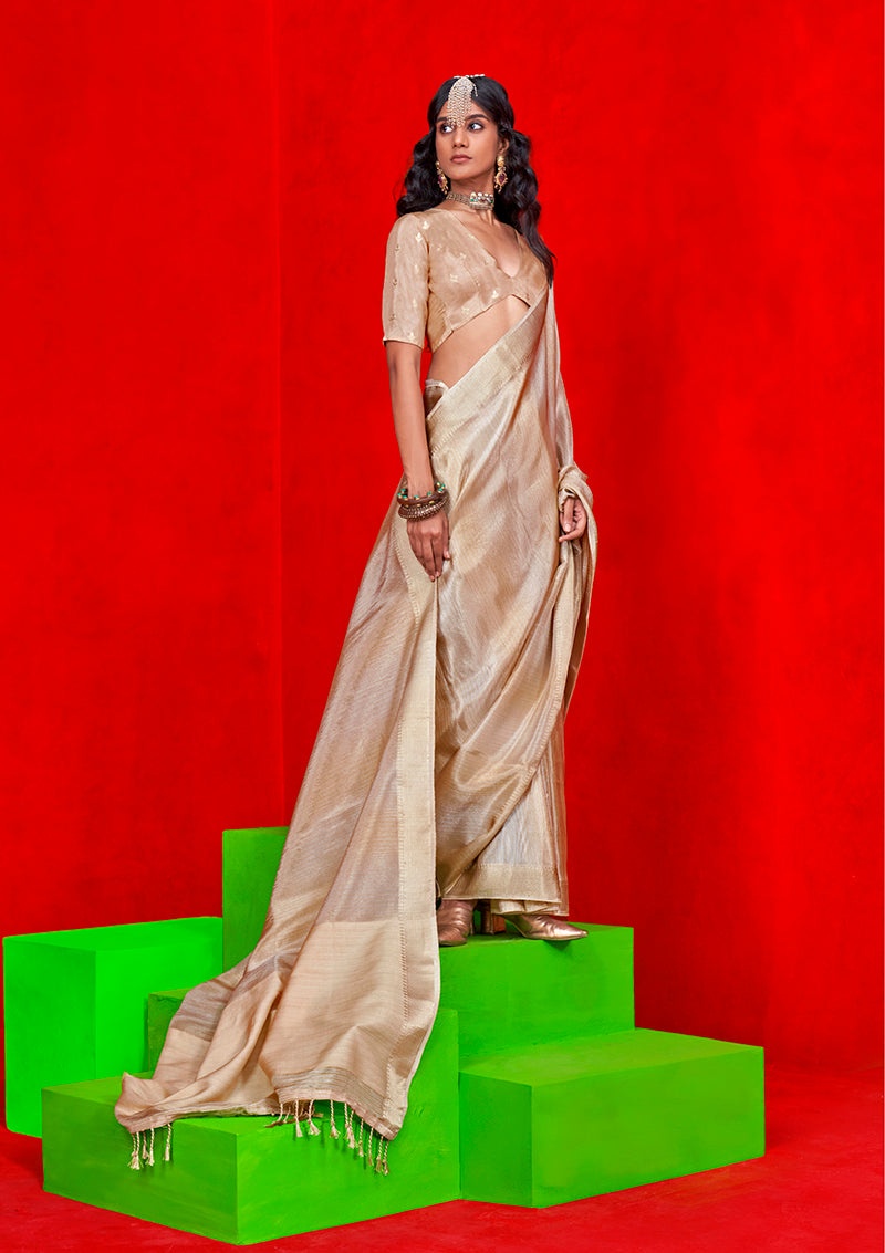 Monjolika Fashion Ivory Weaving Tissue Zari Classic Saree | Grocsy