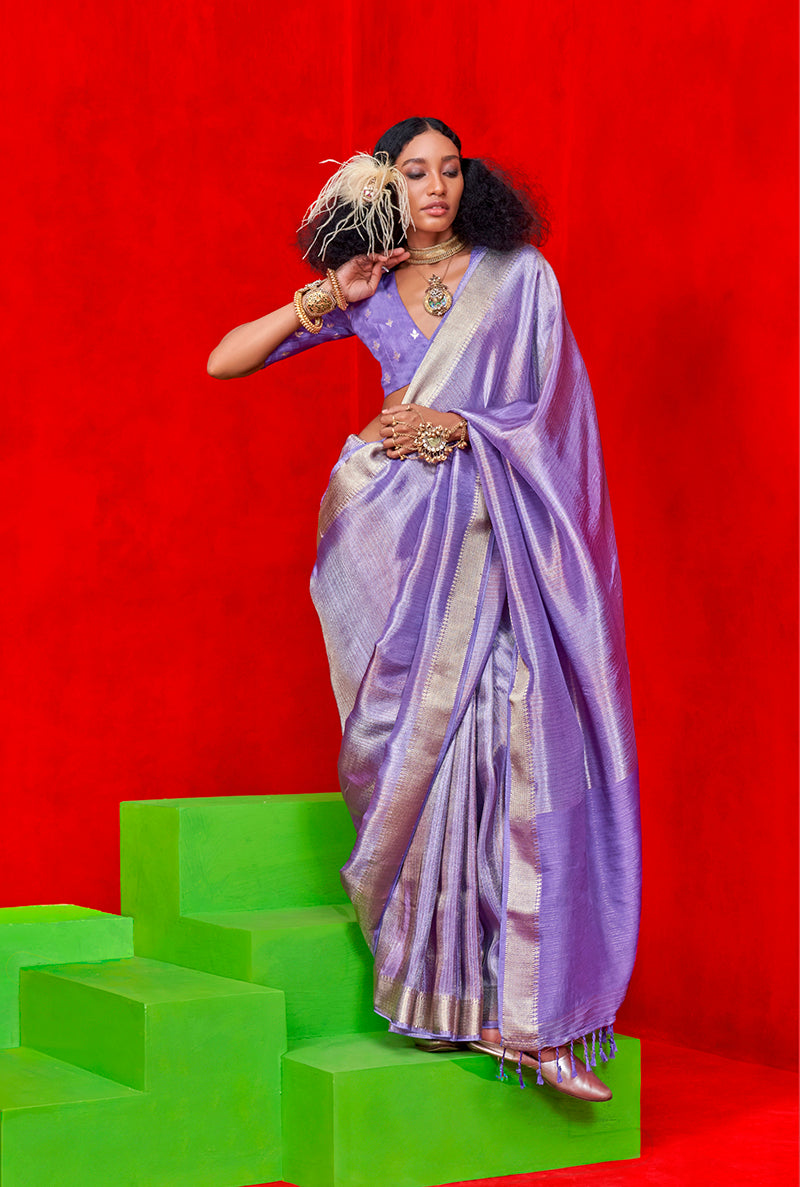 Monjolika Fashion Lavender Green Weaving Tissue Zari Classic Saree | Grocsy