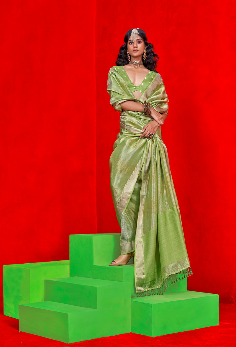 Monjolika Fashion Light Parrot Green Weaving Tissue Zari Classic Saree | Grocsy