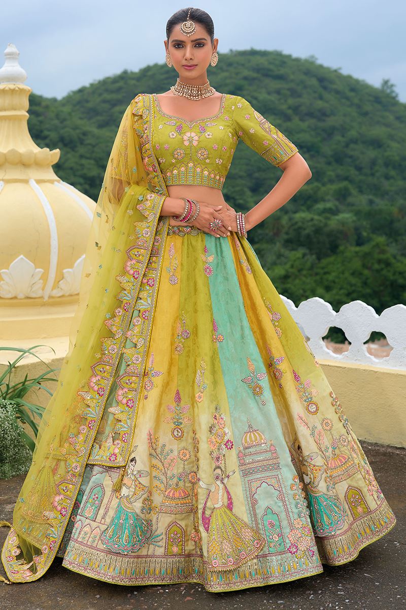 Monjolika Fashion Designer Silk Multi Color Bridal Wear Khatli Work Readymade Lehenga Choli | Grocsy