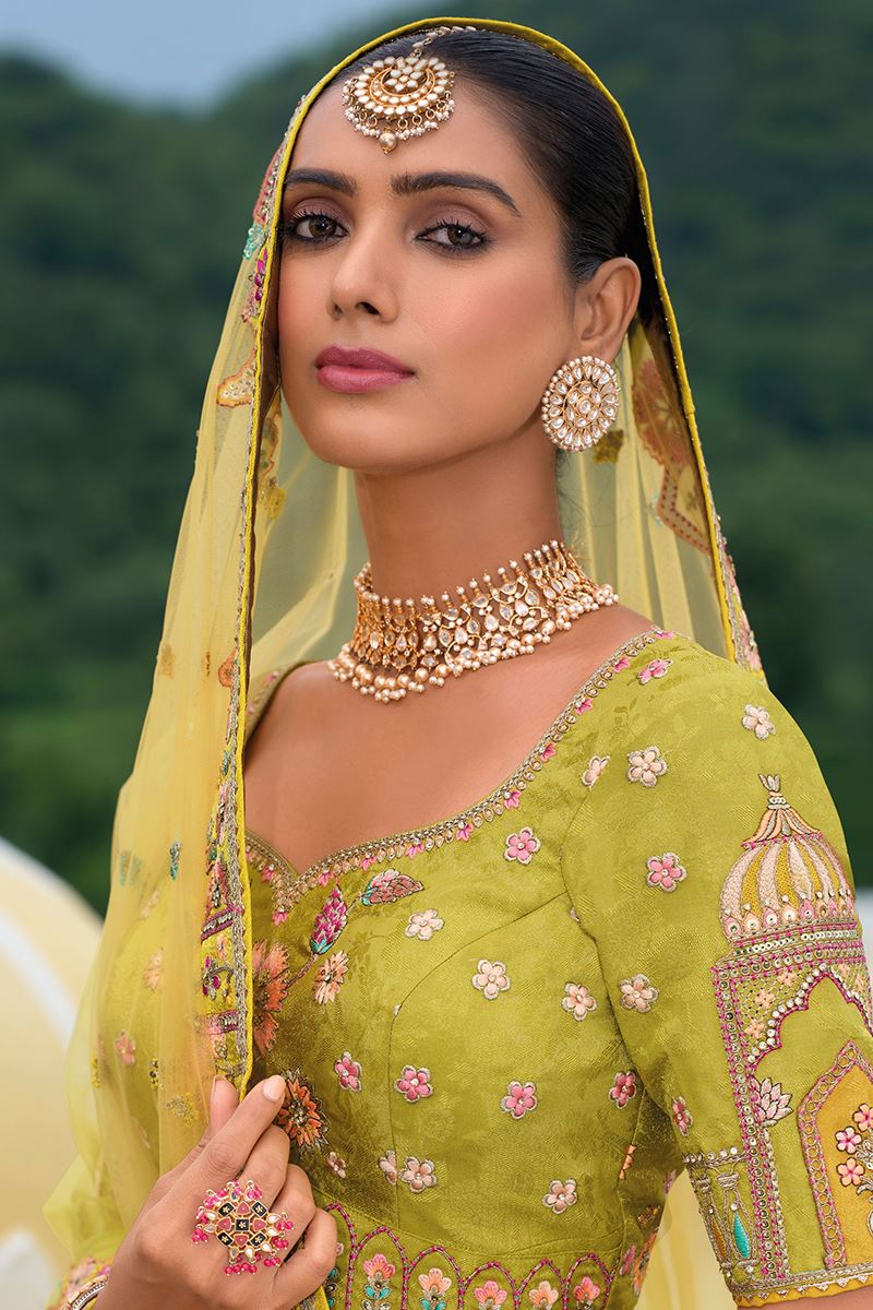 Monjolika Fashion Designer Silk Multi Color Bridal Wear Khatli Work Readymade Lehenga Choli | Grocsy
