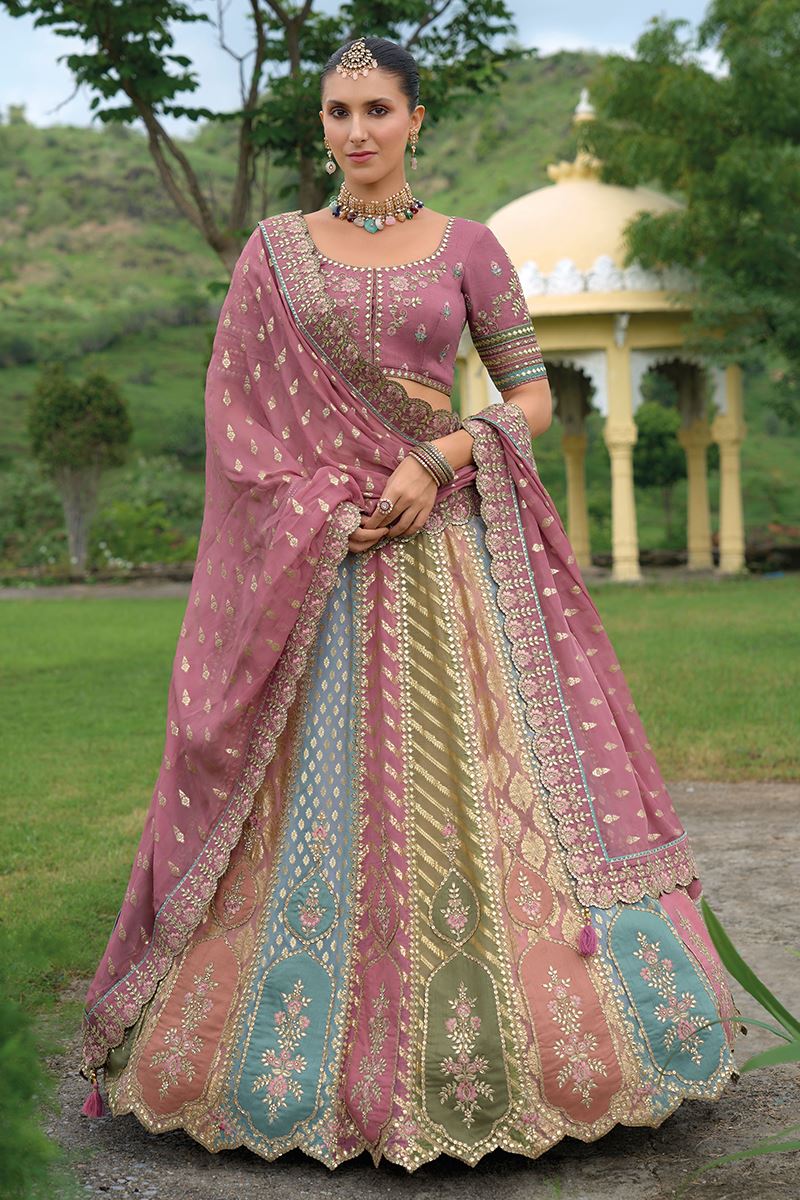 Monjolika Fashion Designer Silk Multi Color Bridal Wear Khatli Work Readymade Lehenga Choli | Grocsy