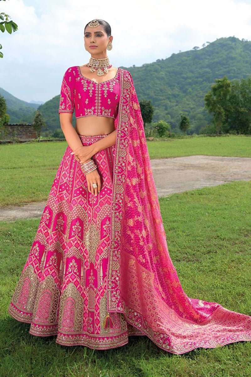 Monjolika Fashion Designer Silk Rani Pink Color Bridal Wear Khatli Work Readymade Lehenga Choli | Grocsy