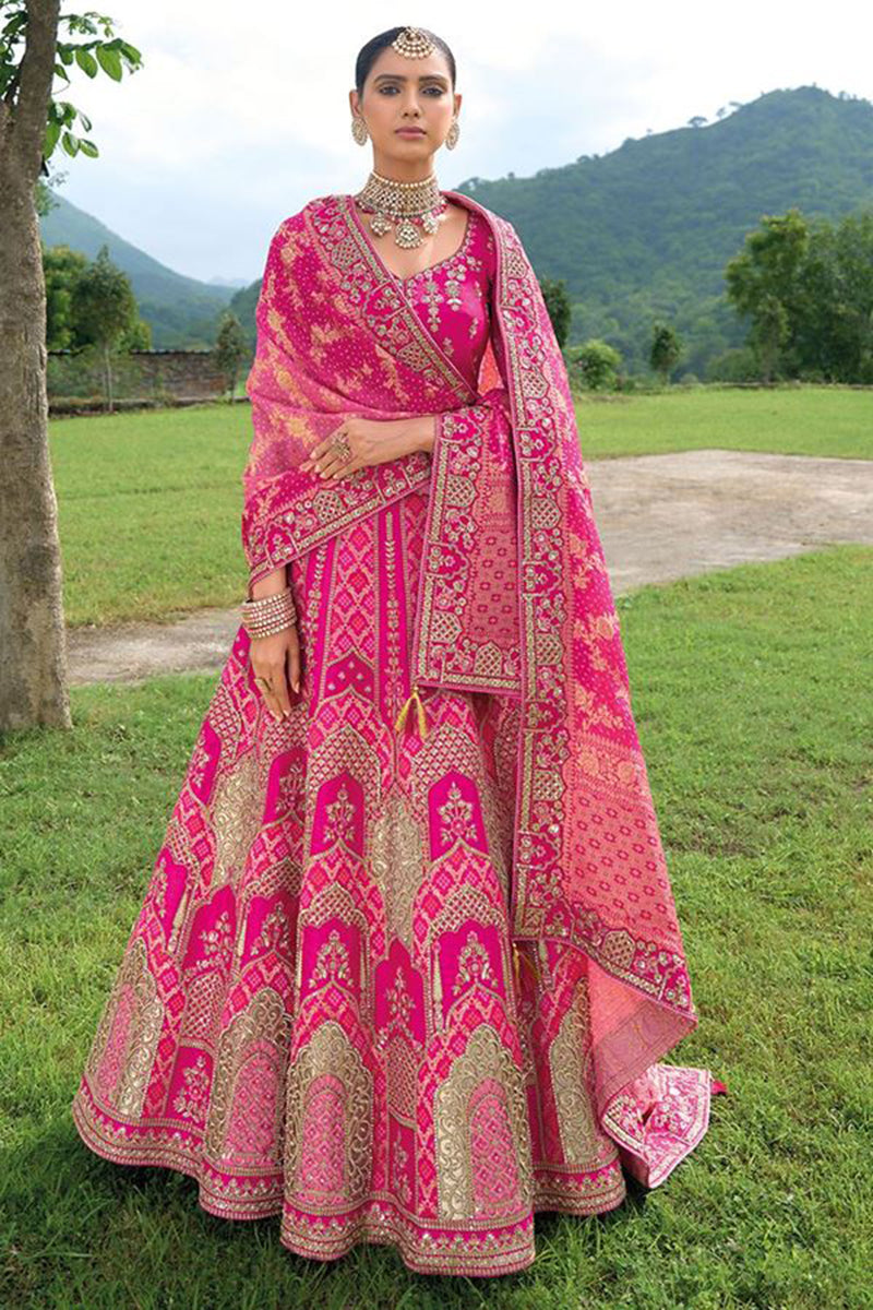 Monjolika Fashion Designer Silk Rani Pink Color Bridal Wear Khatli Work Readymade Lehenga Choli | Grocsy