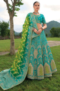 Monjolika Fashion Designer Silk Turquoise Color Bridal Wear Khatli Work Readymade Lehenga Choli | Grocsy