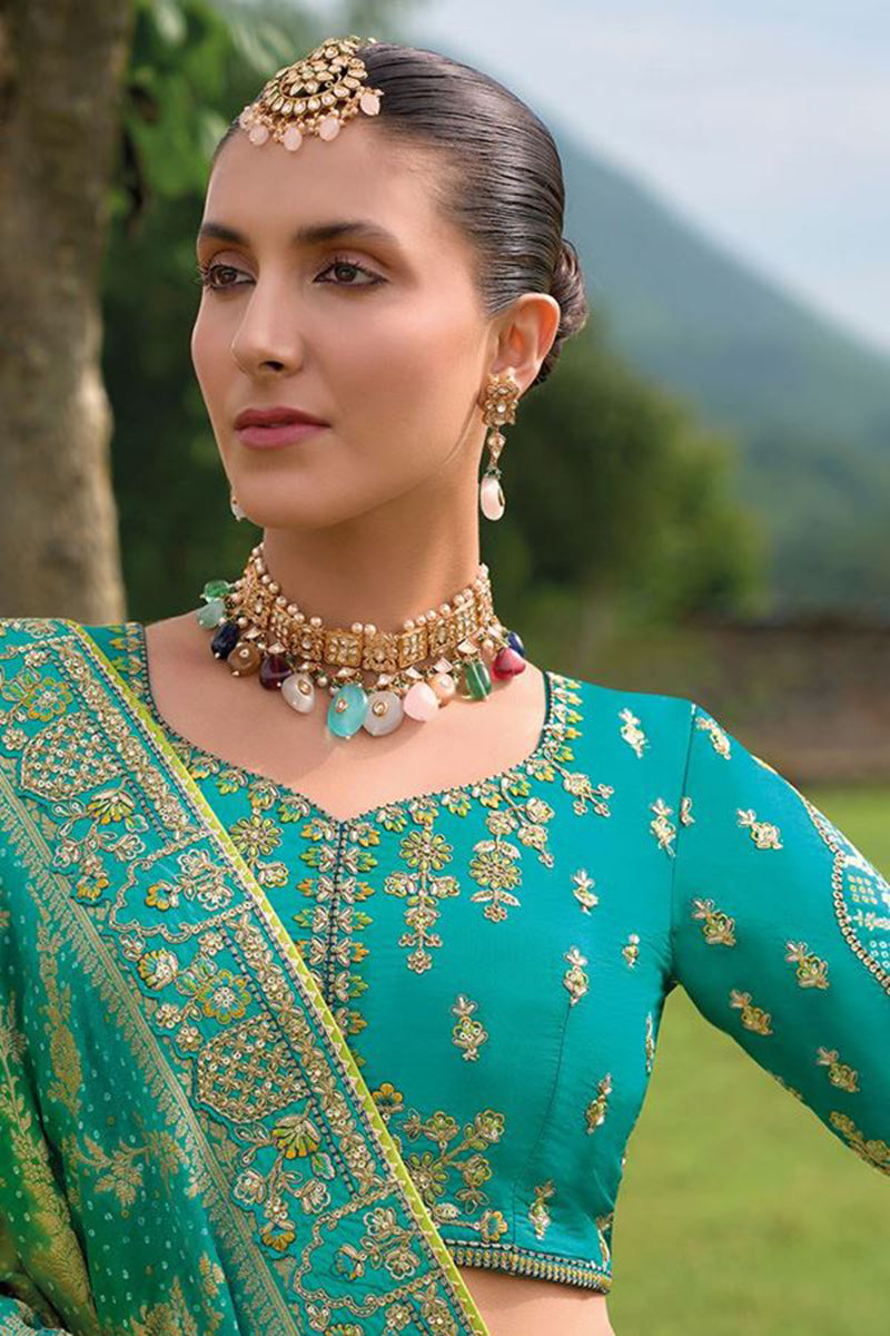 Monjolika Fashion Designer Silk Turquoise Color Bridal Wear Khatli Work Readymade Lehenga Choli | Grocsy