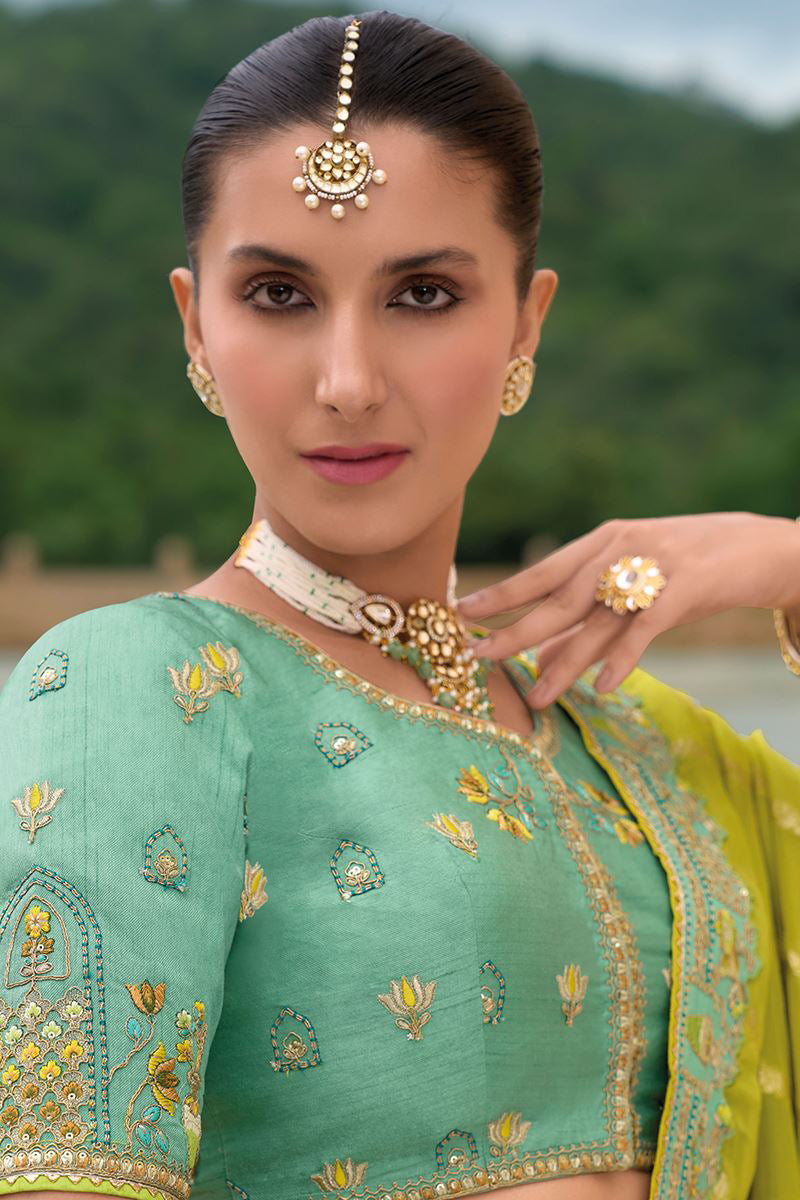 Monjolika Fashion Designer Silk Sea Green Color Bridal Wear Khatli Work Readymade Lehenga Choli | Grocsy