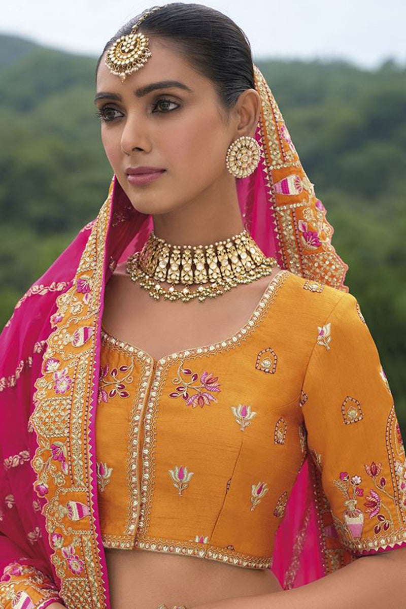 Monjolika Fashion Designer Silk Orange Color Bridal Wear Khatli Work Readymade Lehenga Choli | Grocsy