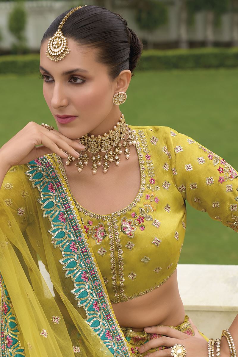 Monjolika Fashion Designer Silk Parrot Green Color Bridal Wear Khatli Work Readymade Lehenga Choli | Grocsy