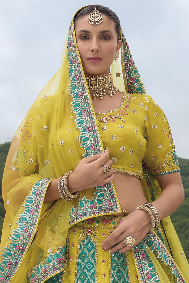 Monjolika Fashion Designer Silk Parrot Green Color Bridal Wear Khatli Work Readymade Lehenga Choli | Grocsy