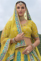 Monjolika Fashion Designer Silk Parrot Green Color Bridal Wear Khatli Work Readymade Lehenga Choli | Grocsy