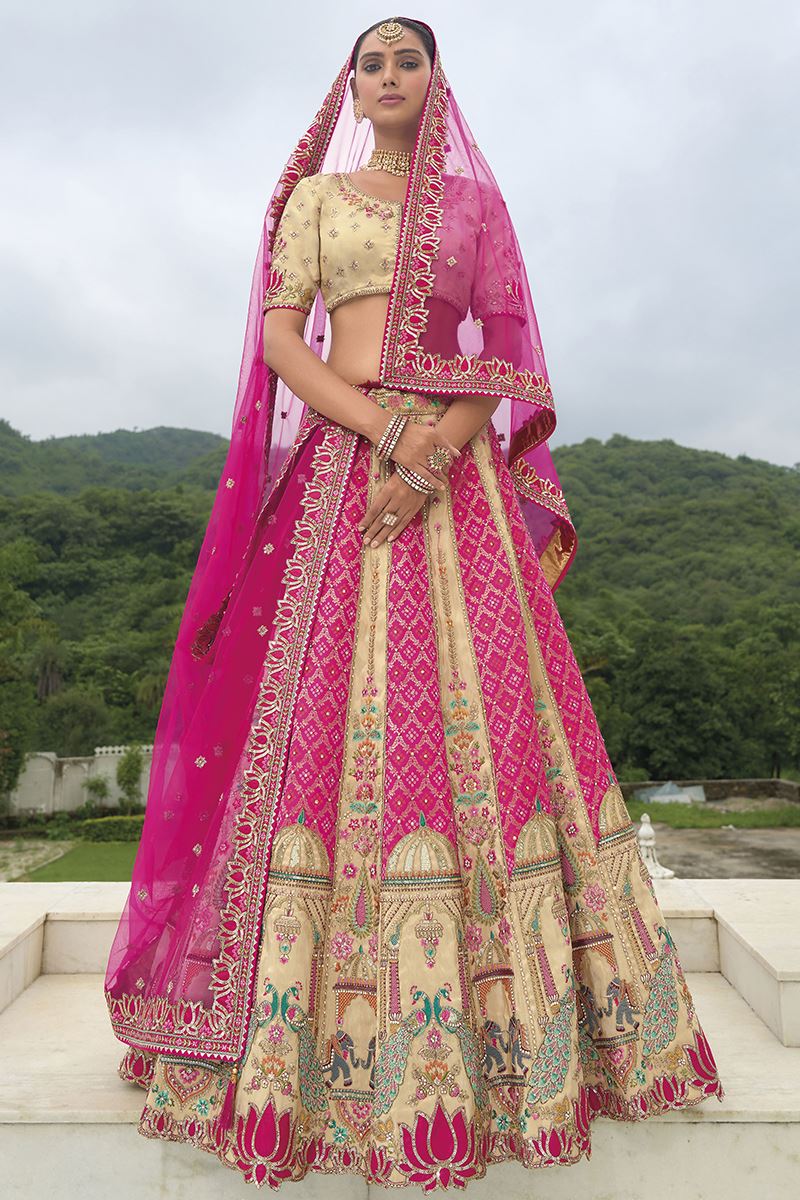 Monjolika Fashion Designer Silk Rani Pink and Cream Color Bridal Wear Khatli Work Readymade Lehenga Choli | Grocsy