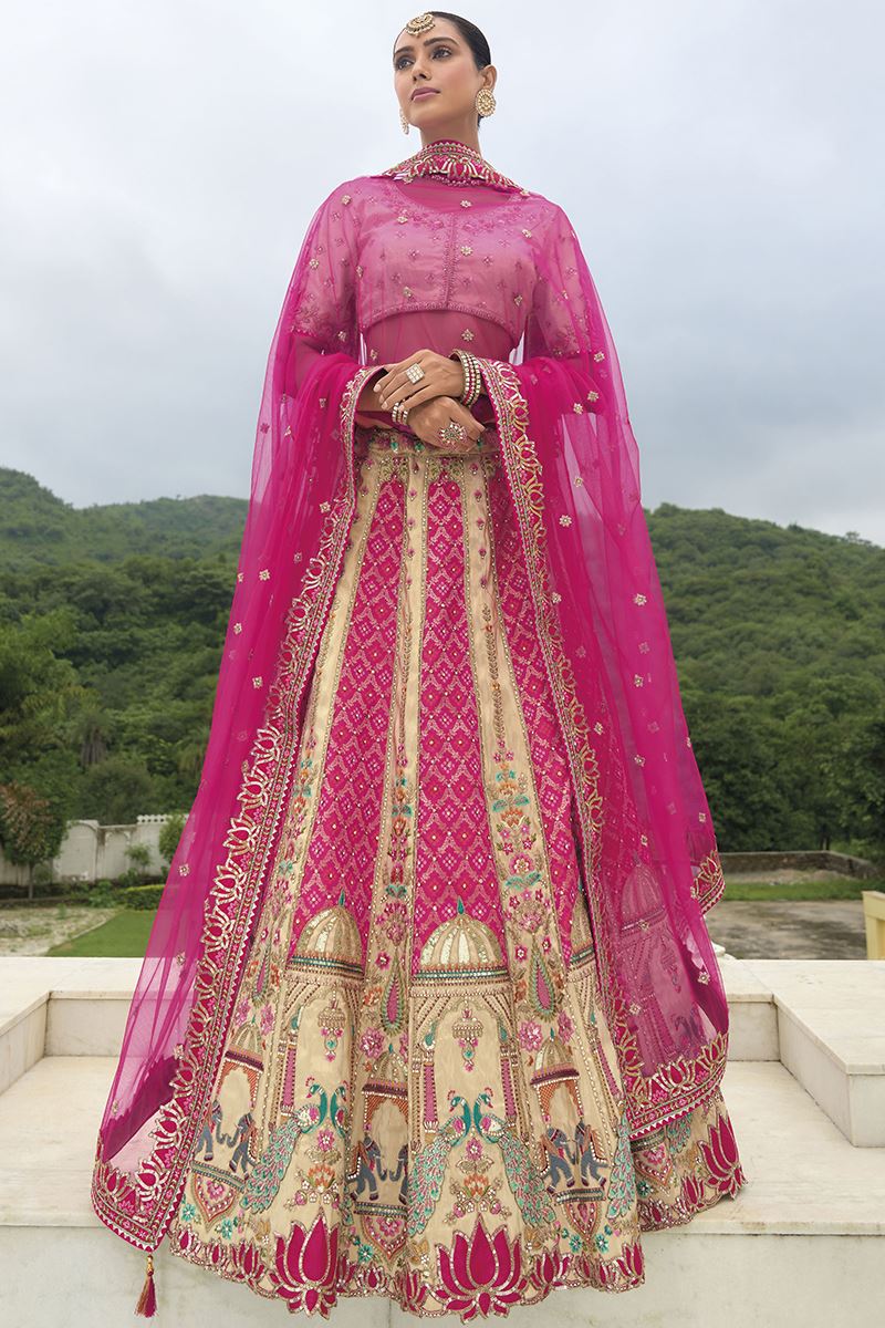 Monjolika Fashion Designer Silk Rani Pink and Cream Color Bridal Wear Khatli Work Readymade Lehenga Choli | Grocsy