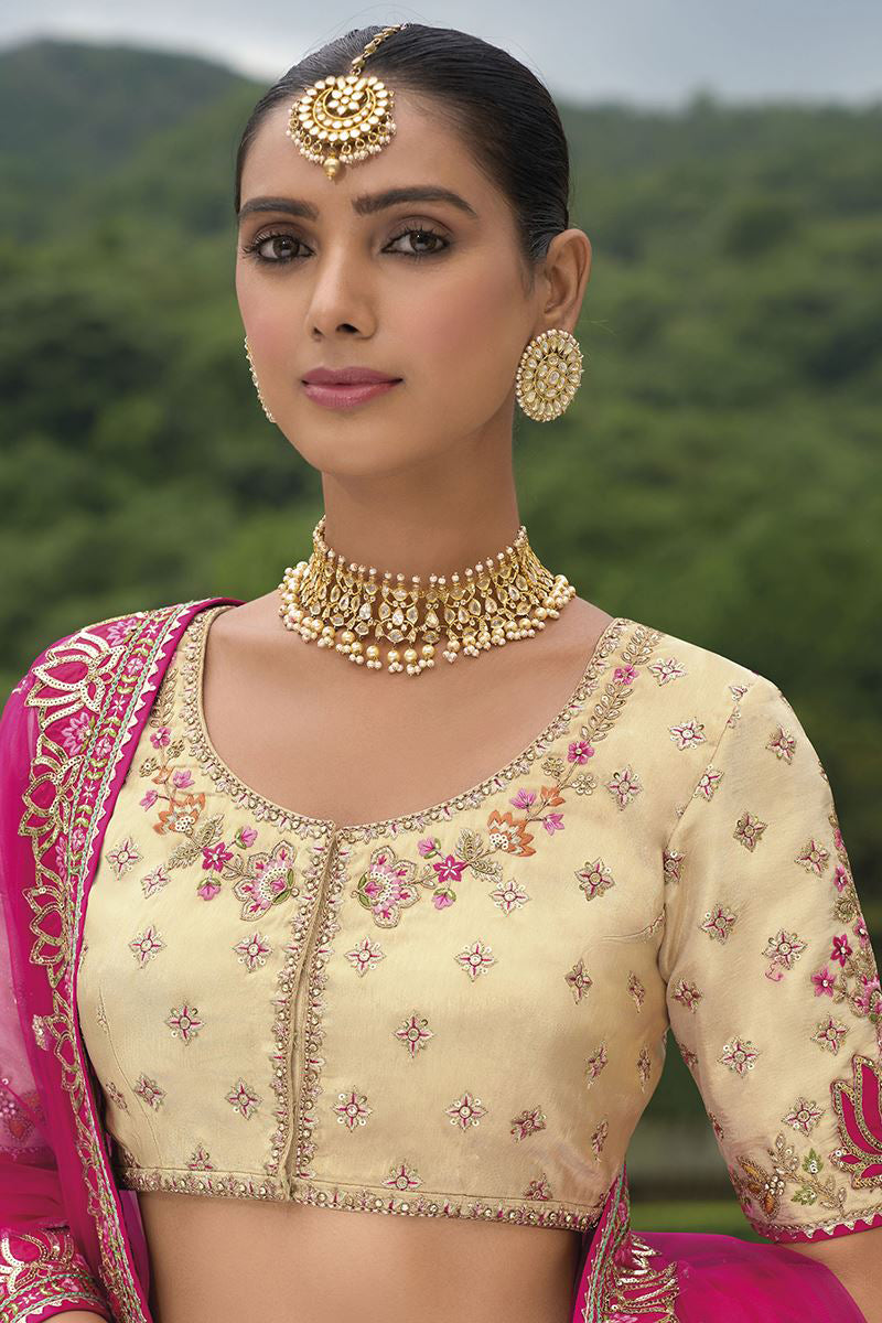 Monjolika Fashion Designer Silk Rani Pink and Cream Color Bridal Wear Khatli Work Readymade Lehenga Choli | Grocsy