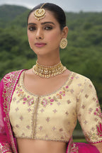 Monjolika Fashion Designer Silk Rani Pink and Cream Color Bridal Wear Khatli Work Readymade Lehenga Choli | Grocsy