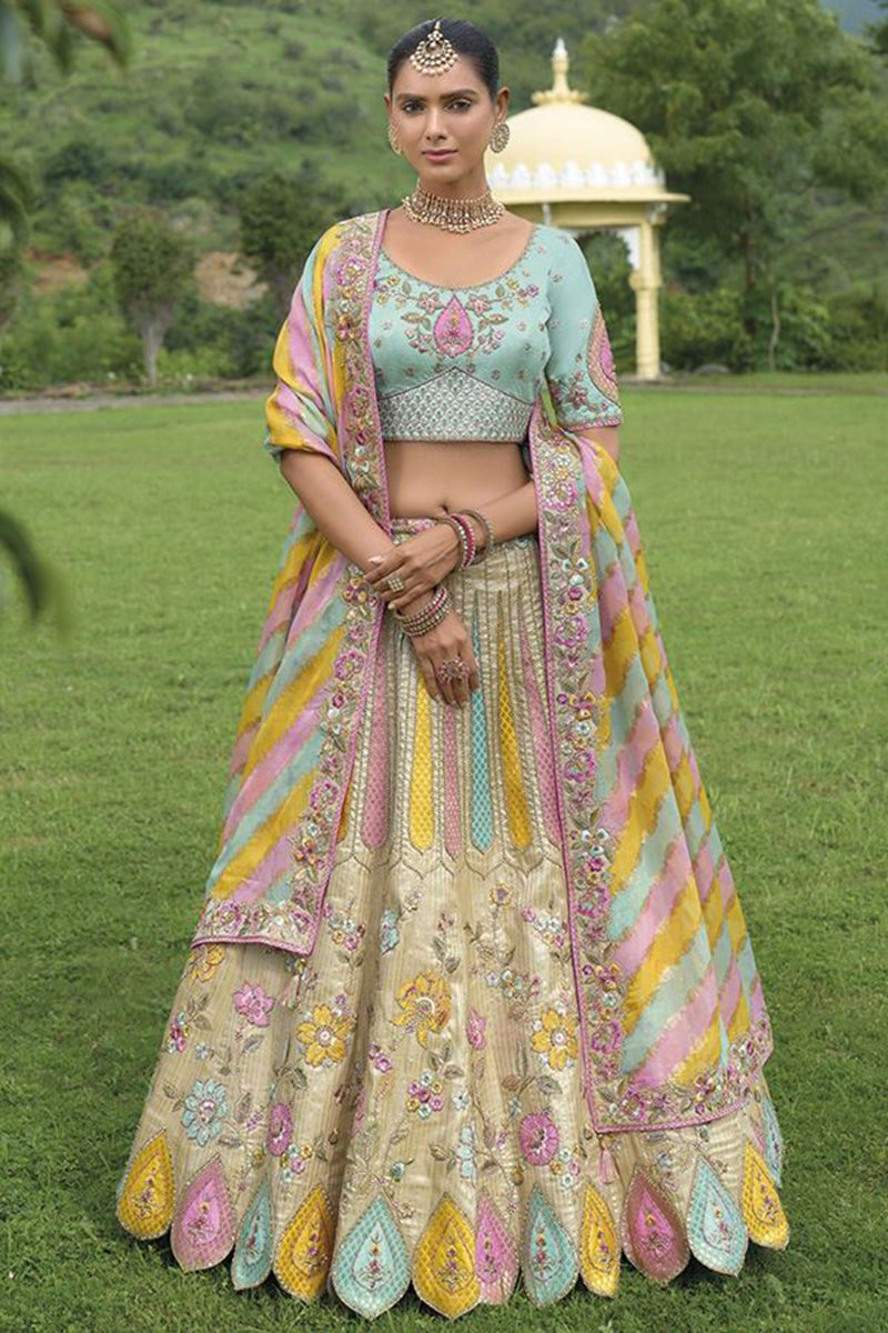 Monjolika Fashion Designer Silk Cream And Sky Blue Color Bridal Wear Khatli Work Readymade Lehenga Choli | Grocsy